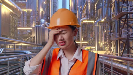 close up of asian female engineer with safety helmet having a headache while working at a vast oil refinery