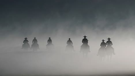 cowboys on horses in a foggy landscape