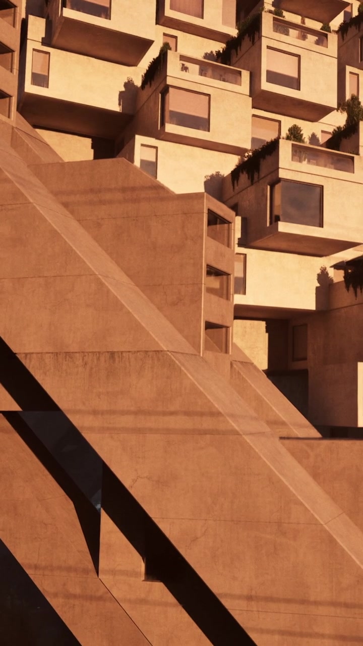 Design de edifício moderno com estruturas empilhadas ao pôr do sol em área urbana.