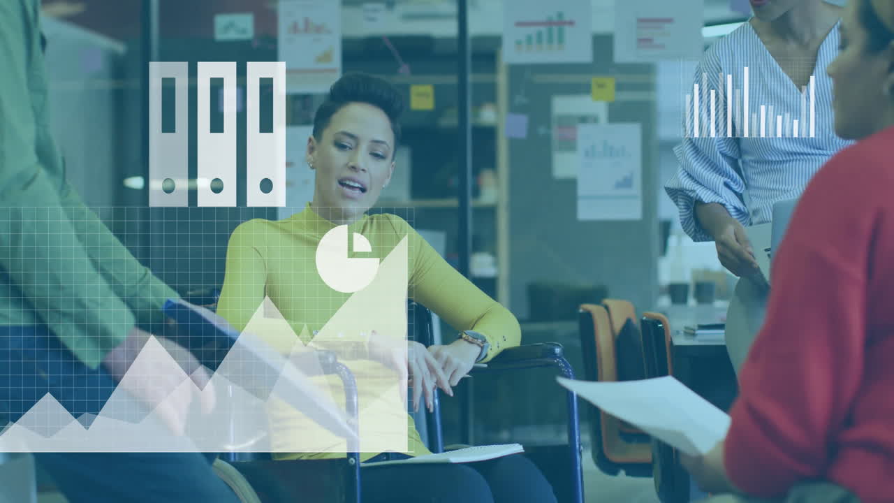 Animation of media icons and processing data over diverse colleagues discussing at casual office