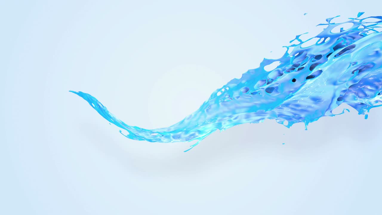 4k 블루 스플래쉬는 카메라를 느린 동작으로 지나가며, 액체 아래의 배경을 간단하게 대체하기 위해 알파 채널로 루마 매트를 가진 3d 애니메이션.