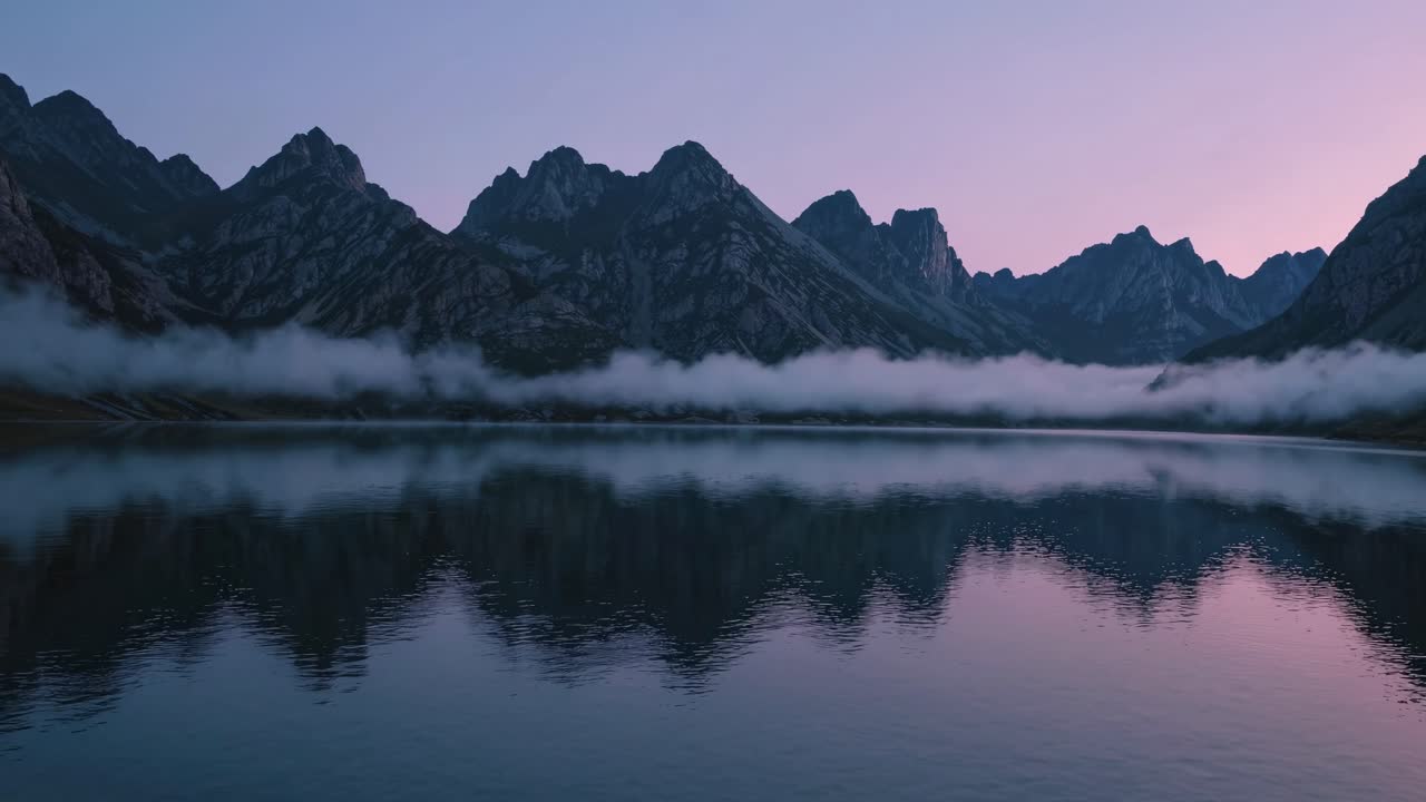 A serene landscape video captures mountains reflected in a calm lake at dusk, shot from a low angle