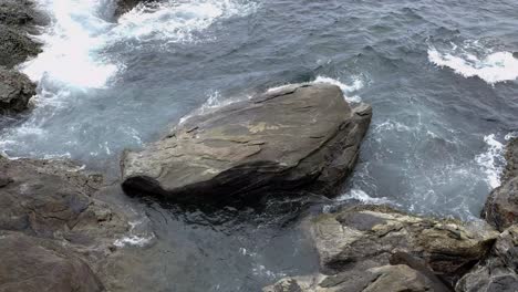 ocean water moving around large stone on coastal shoreline