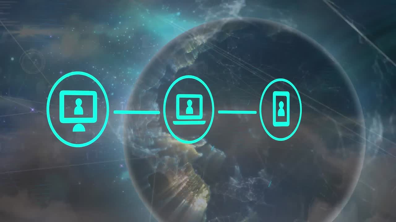 animación de la red de conexiones con iconos y globo sobre el cielo