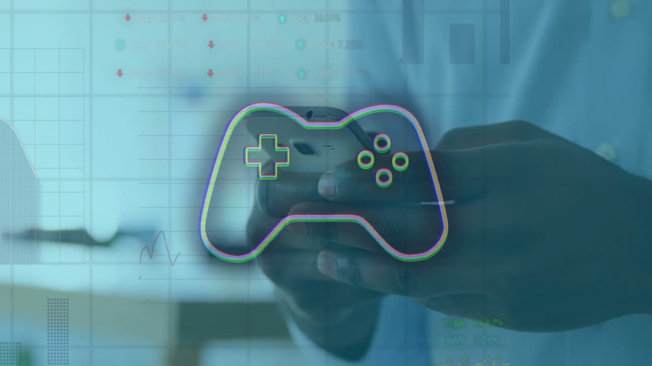 sosteniendo un teléfono inteligente, persona con controlador de juego animación sobre gráficos de datos