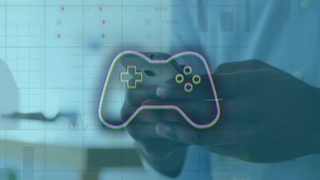 holding smartphone, person with game controller animation over data charts