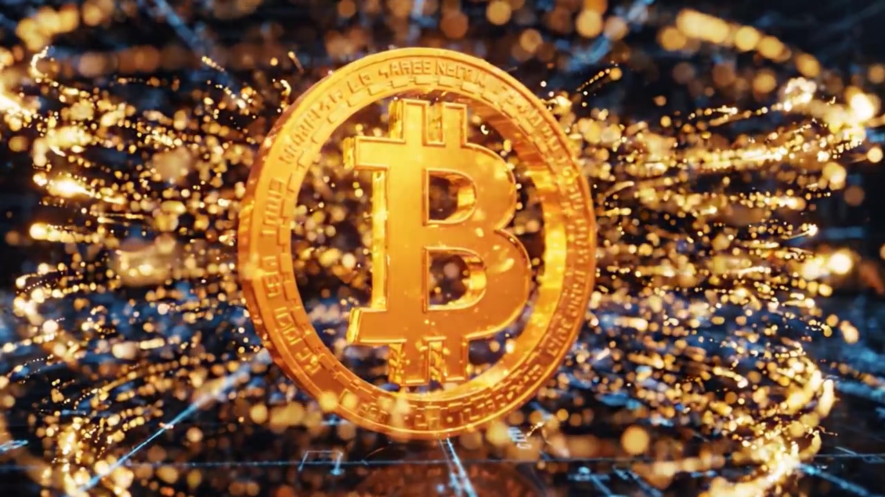 Simbolo Bitcoin illuminato emerge con scintille in un paesaggio digitale, rappresentando l'evoluzione della tecnologia delle criptovalute e il futuro della finanza.