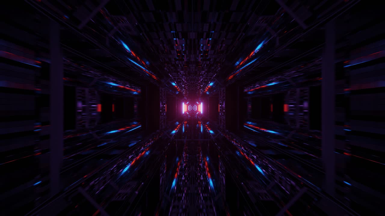 Highly immersive animation of dark space with colorful light rays representing futuristic science fiction