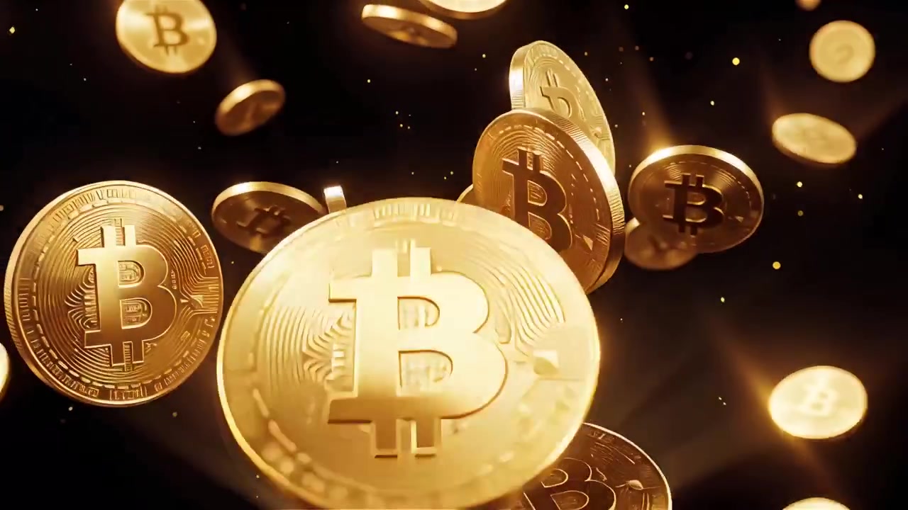 Bitcoin in rotazione su sfondo nero drammatico 4k