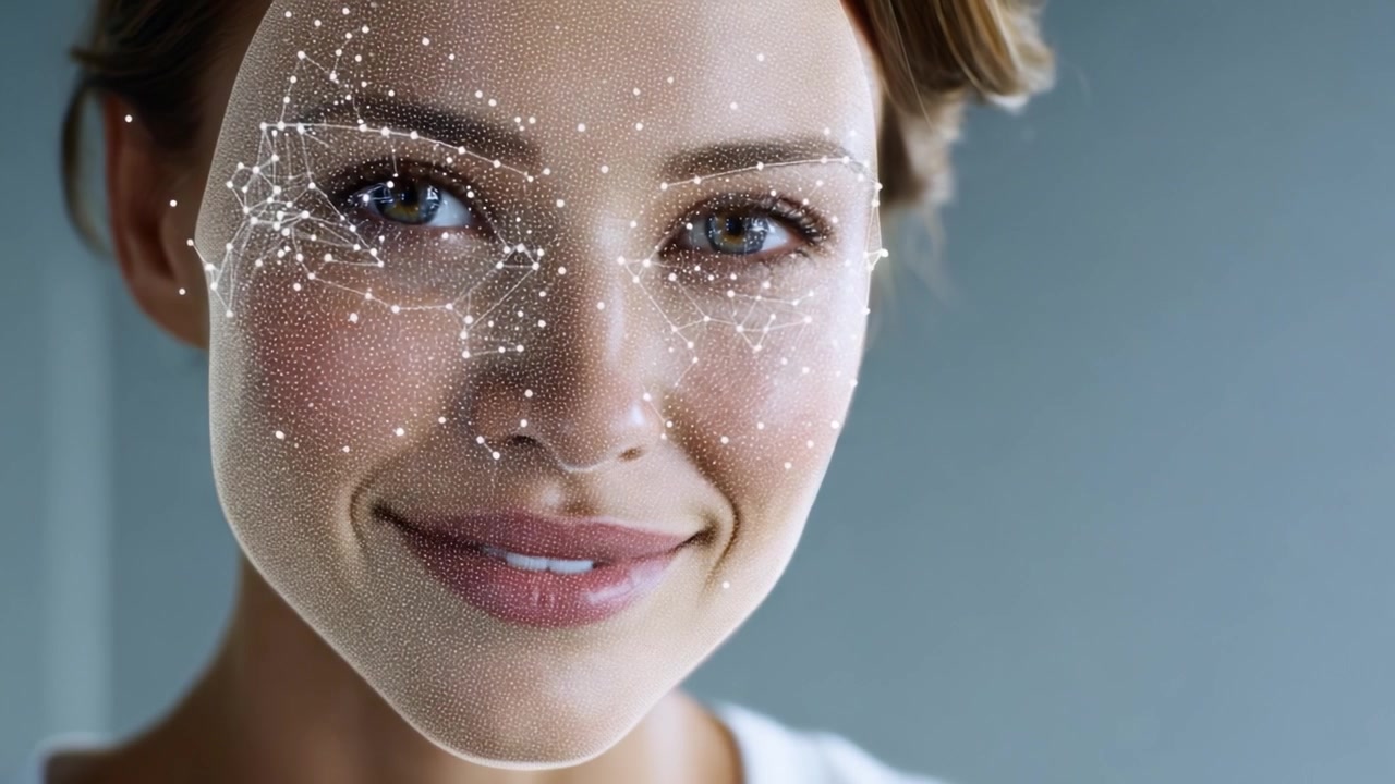 Un primo piano di una donna con un sorriso radioso che mostra un'innovativa arte digitale facciale, evidenziando la tecnologia della bellezza e la creatività in un'estetica moderna.