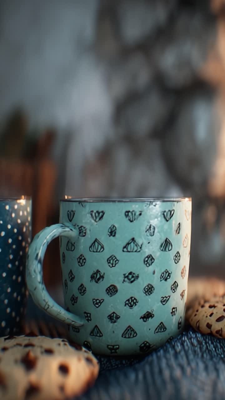 Momenti caldi e invitanti: una tazza accogliente con motivi delicati circondata da biscotti appena sfornati, perfetta per serate tranquille e incontri rilassanti.