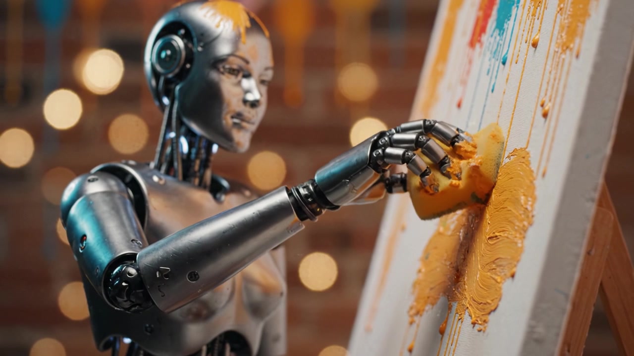 A futuristic robot artist skillfully creating a vibrant painting on canvas, showcasing the fusion of technology and creativity in a sophisticated artistic display.