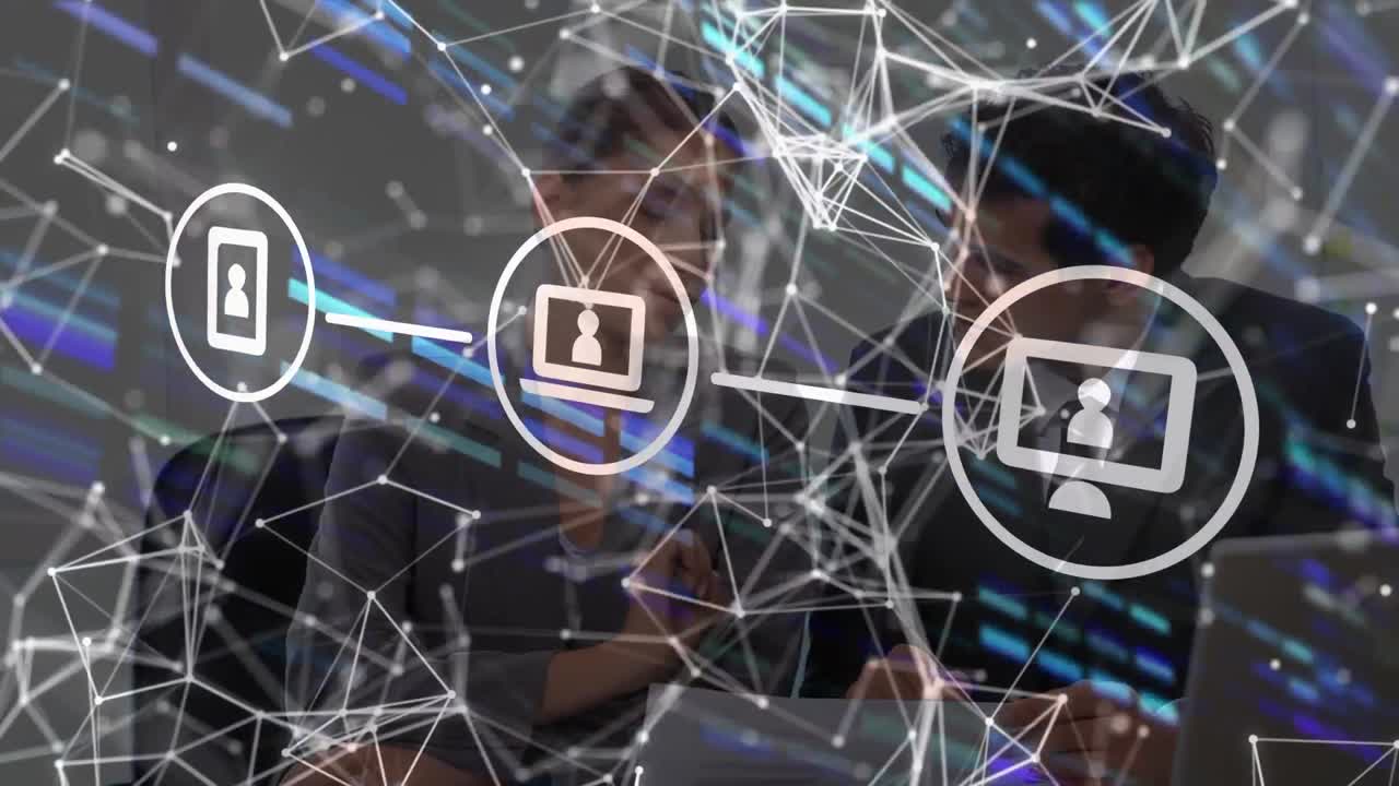 animación de una red de iconos digitales sobre un hombre y una mujer de negocios caucásicos discutiendo