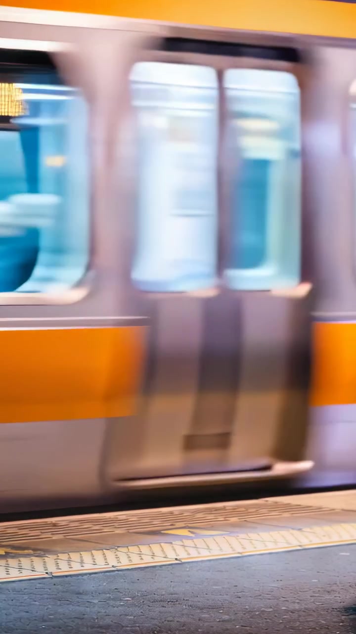 Video verticale: Carrozza arancione che si avvicina, superando il bordo della piattaforma e saltando la fermata, mostrando i passeggeri.