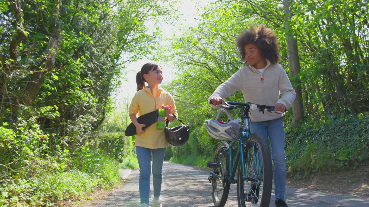 menino com bicicleta e menina com skate caminhando ao longo da estrada do país juntos