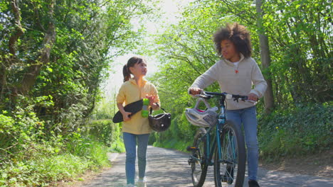 Junge-Mit-Fahrrad-Und-Mädchen-Mit-Skateboard-Gehen-Gemeinsam-Die-Landstraße-Entlang