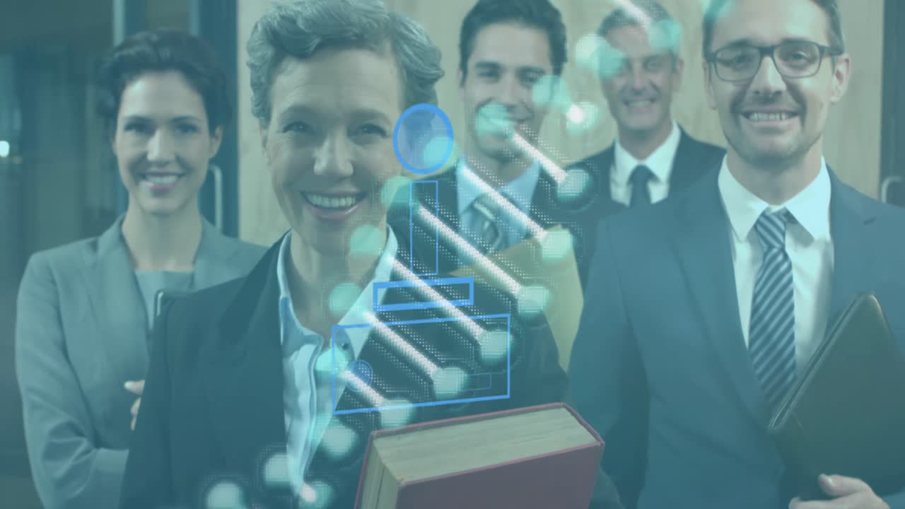 animación de la cadena de adn sobre diversas personas de negocios en la oficina