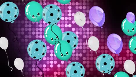 Animation-Von-Blauen-Luftballons,-Die-über-Violett-Leuchtenden-Hintergrund-Fliegen