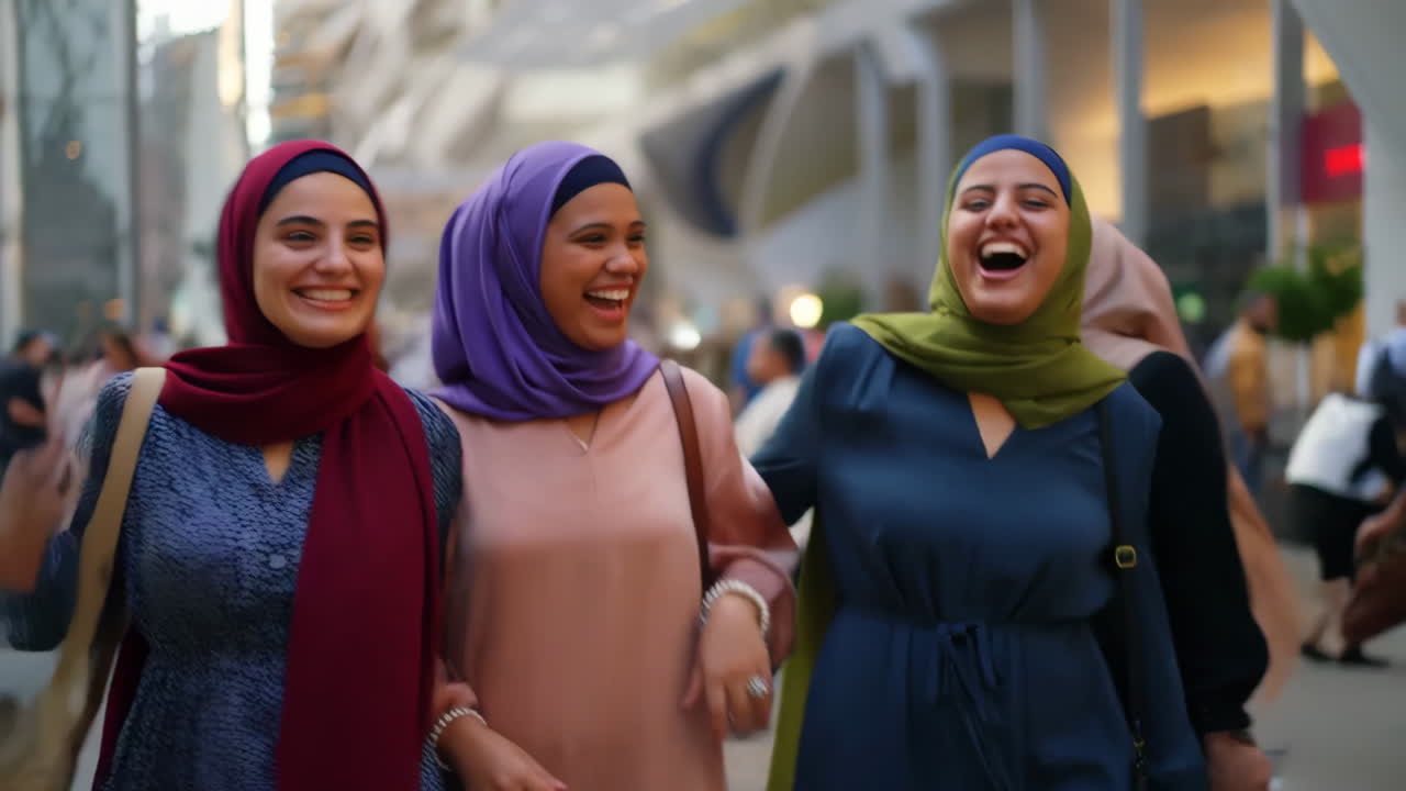 Joyful group of diverse women in hijabs walking and laughing