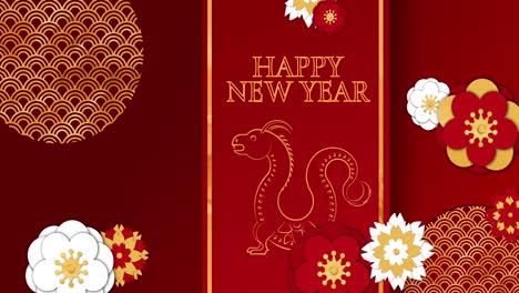 Animation-of-happy-new-year-text-and-dragon-sign-with-chinese-pattern-on-red-background