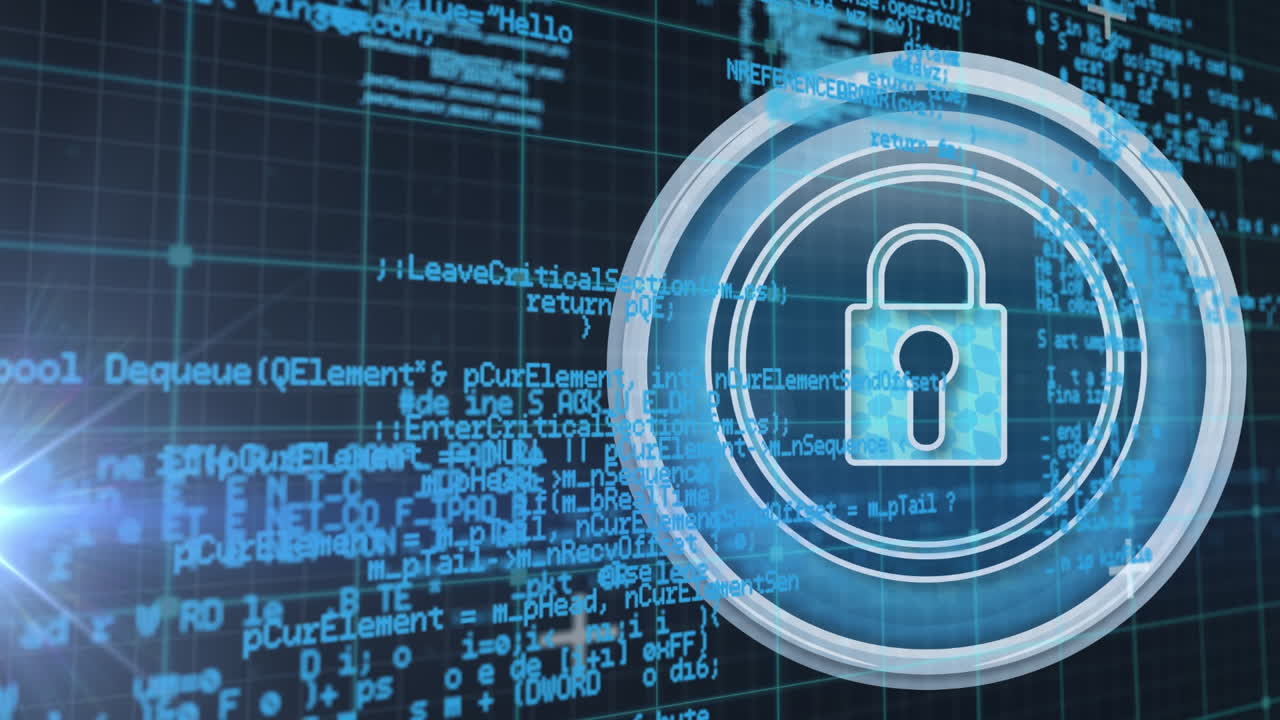 icono de candado de seguridad y procesamiento de datos contra un punto de luz sobre fondo negro