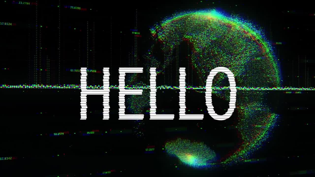 Animation of hello text over globe on dark background
