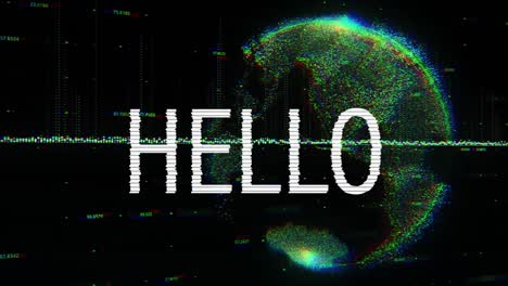 Animation-of-hello-text-over-globe-on-dark-background