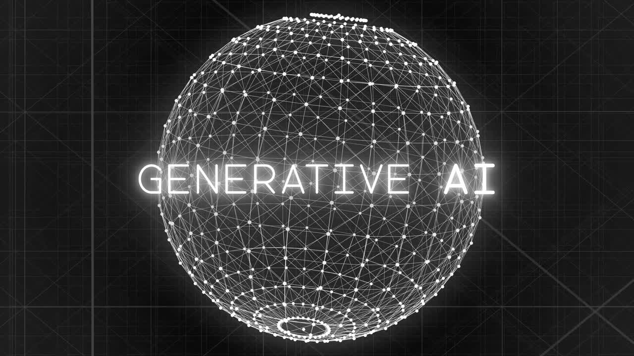 Glowing white particles gravitate towards each other to form a perfect sphere as the phrase "GENERATIVE AI" populates above