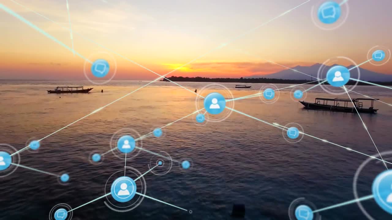 animación de redes de conexiones con iconos sobre el mar y el cielo