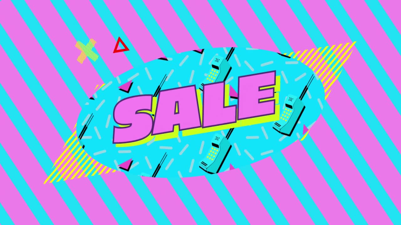 gráfico de venta en fondo de rayas diagonales rosadas y turquesas