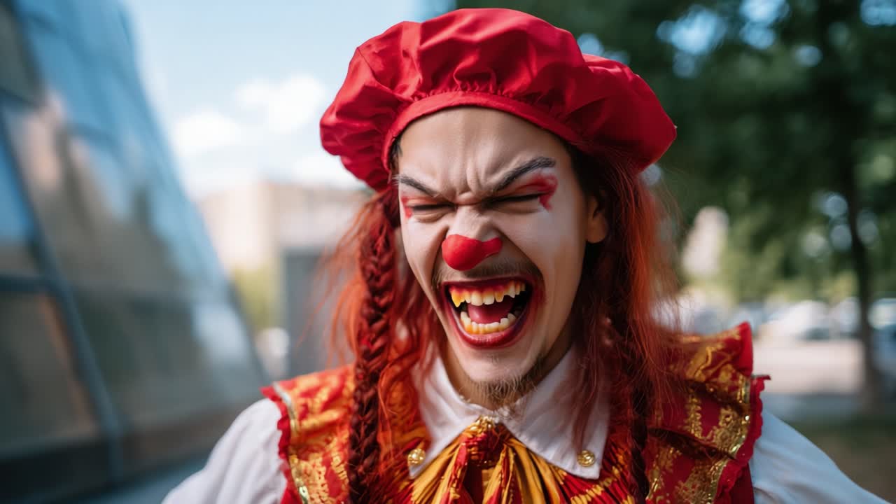 Intense Clown Portrayal Capturing a Dramatic Transformation from Joyful to Sinister with Vivid Makeup and Radiant Hair under Daylight Conditions