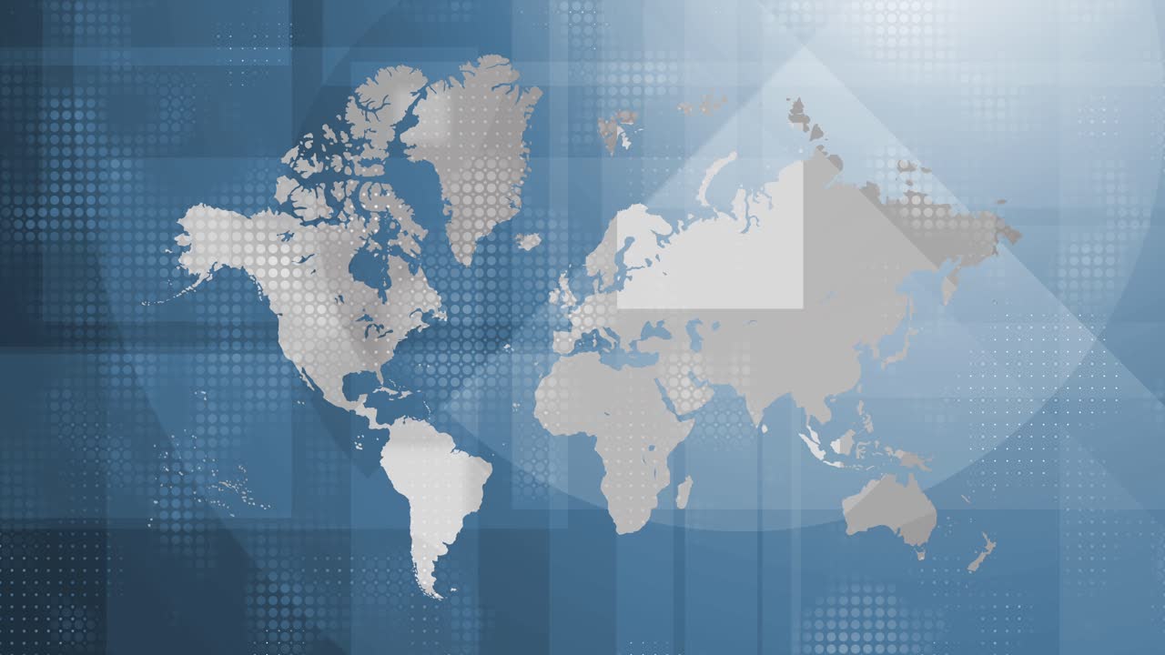 Loopable blue world map background with striped gradient backdrop, news, technology, international business, communication and global network connections
