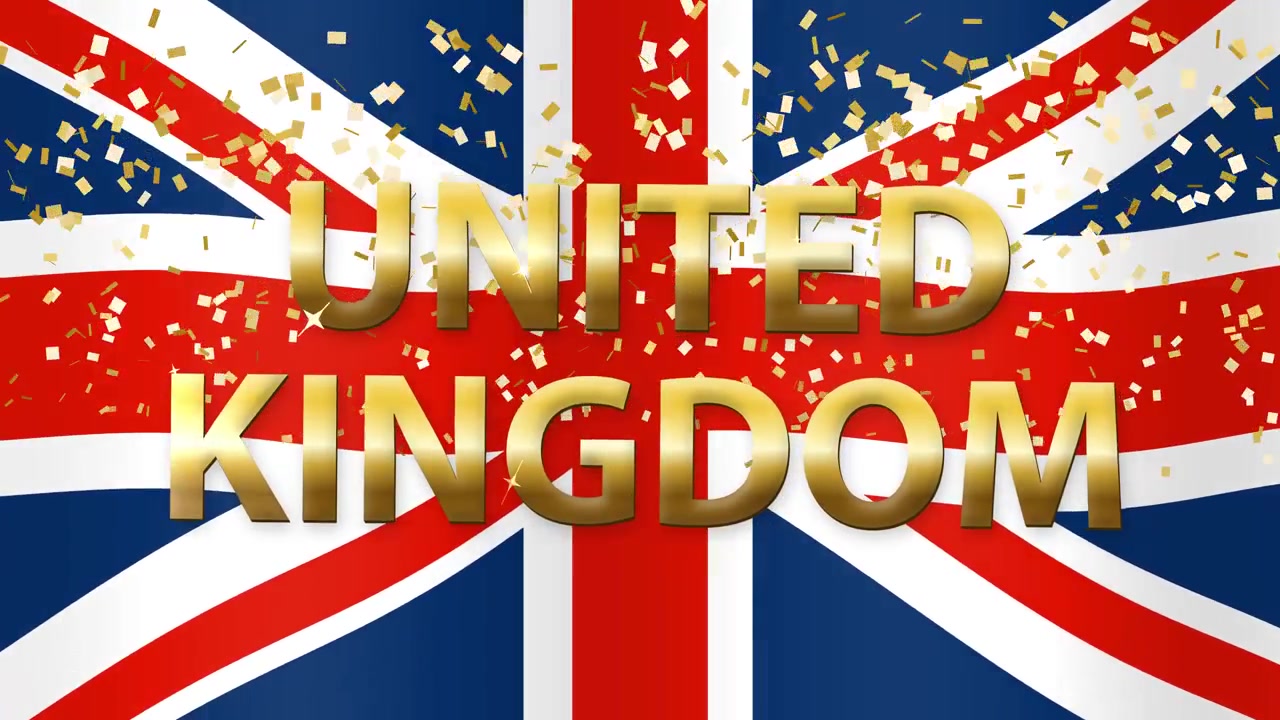 Cờ Liên hiệp Anh động tung bay phía sau chữ "United Kingdom" màu vàng với những hạt kim tuyến lấp lánh rơi xuống