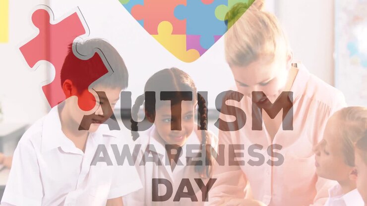 Autism awareness day text over caucasian fmale teacher and students using digital tablet at school
