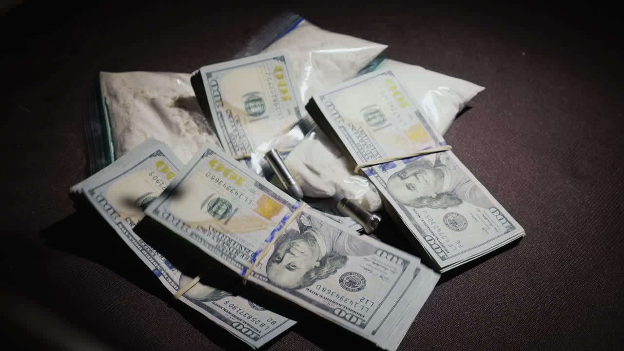 las balas caen sobre bolsas de dinero y drogas