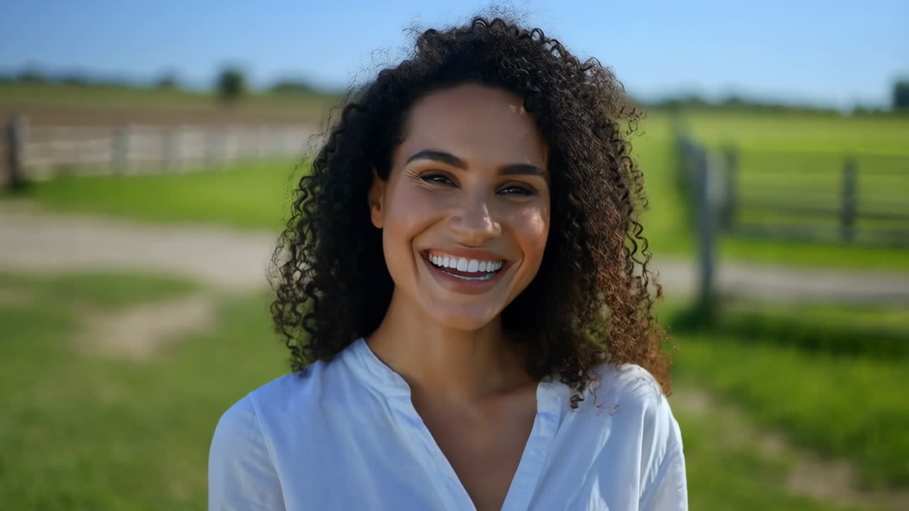 Portrait of a Smiling Woman with Curly Hair in a Field
