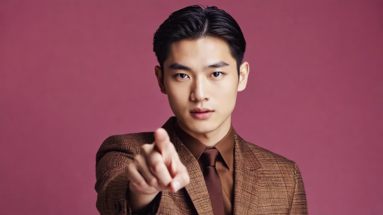 Portrait of an Asian man in a brown suit pointing