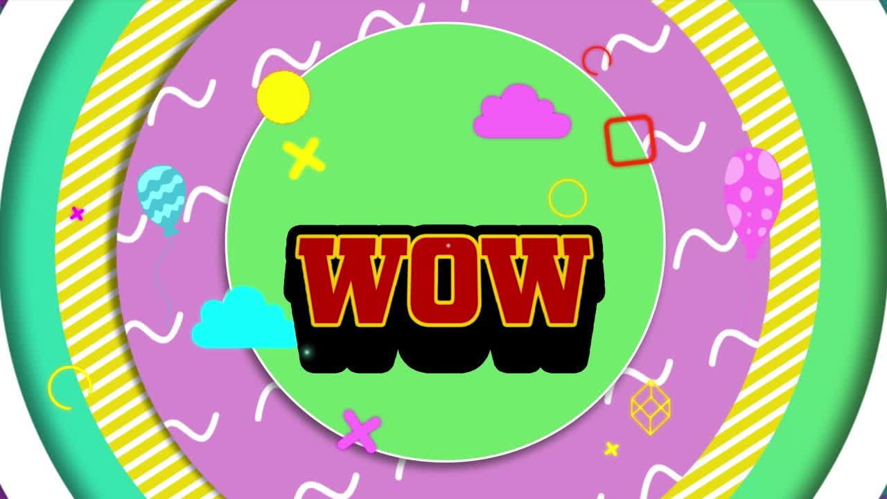 추상적인 원 패턴 위에 와우 텍스트의 애니메이션