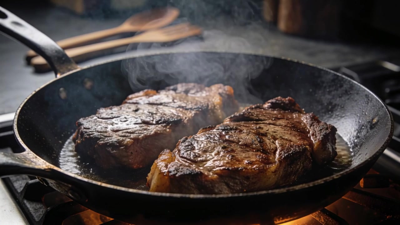 Searing two ribeye steaks developing deep brown crust after lit gas burner heating skillet on range