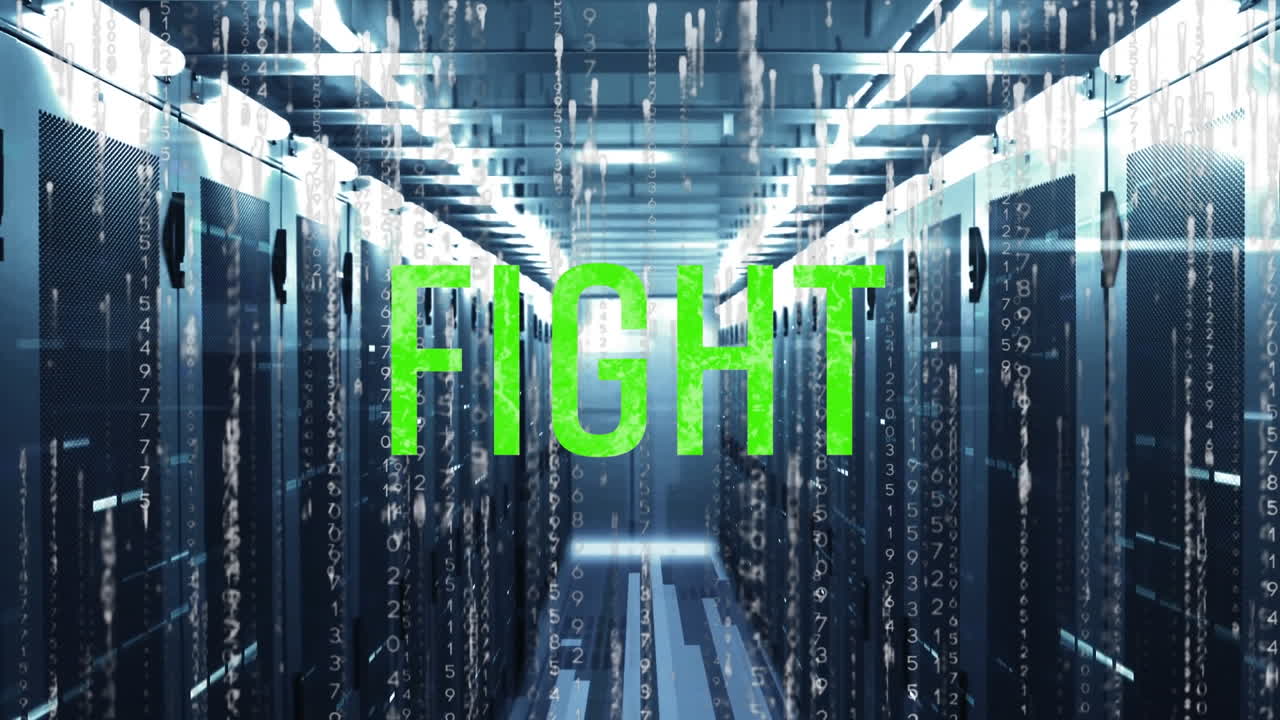 컴퓨터 서버 방에 대항하는 텍스트 배너, 바이너리 코딩 및 모자이크 sqaures의 애니메이션