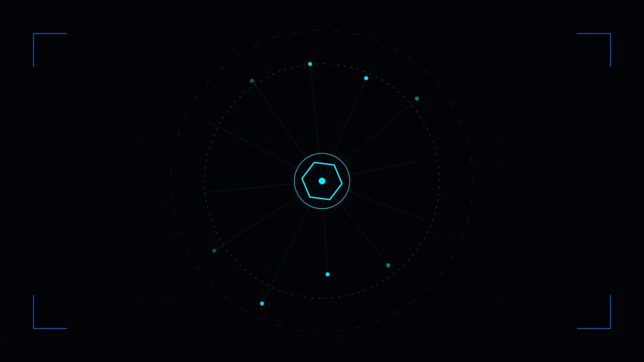 Futuristic Digital HUD Interface with Rotating Hexagon and Data Points