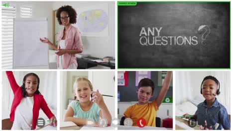 animation of video call screens of chalkboard and diverse teacher and children having online lesson