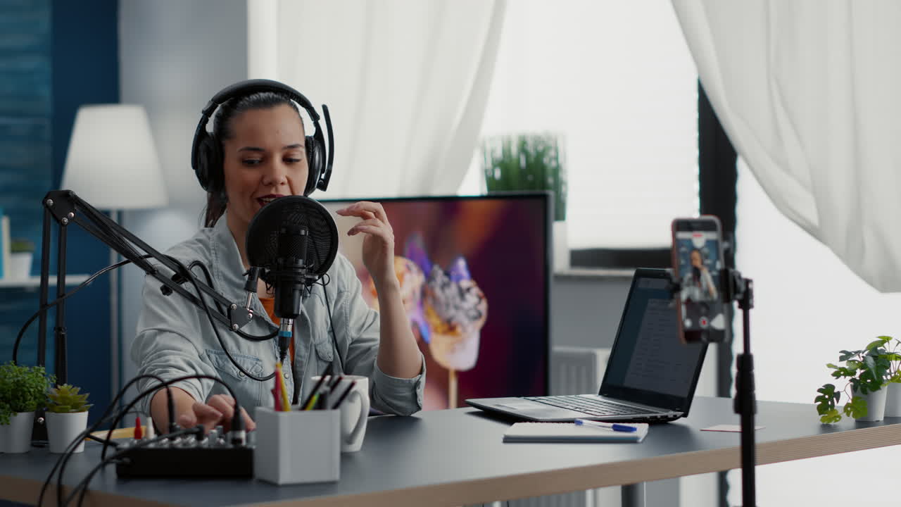 Friendly vlogger checking microphone while starting to record video for audience