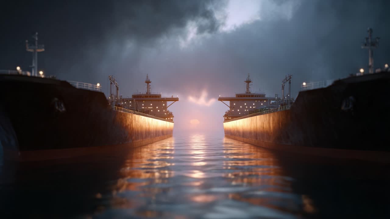 Mørk kanal med massive skibe på begge sider. Vandet reflekterer glødende lys under en stormfuld himmel. Skibe står stille, ingen mennesker synlige. Dramatisk scene til rejse- eller industrielle temaer.