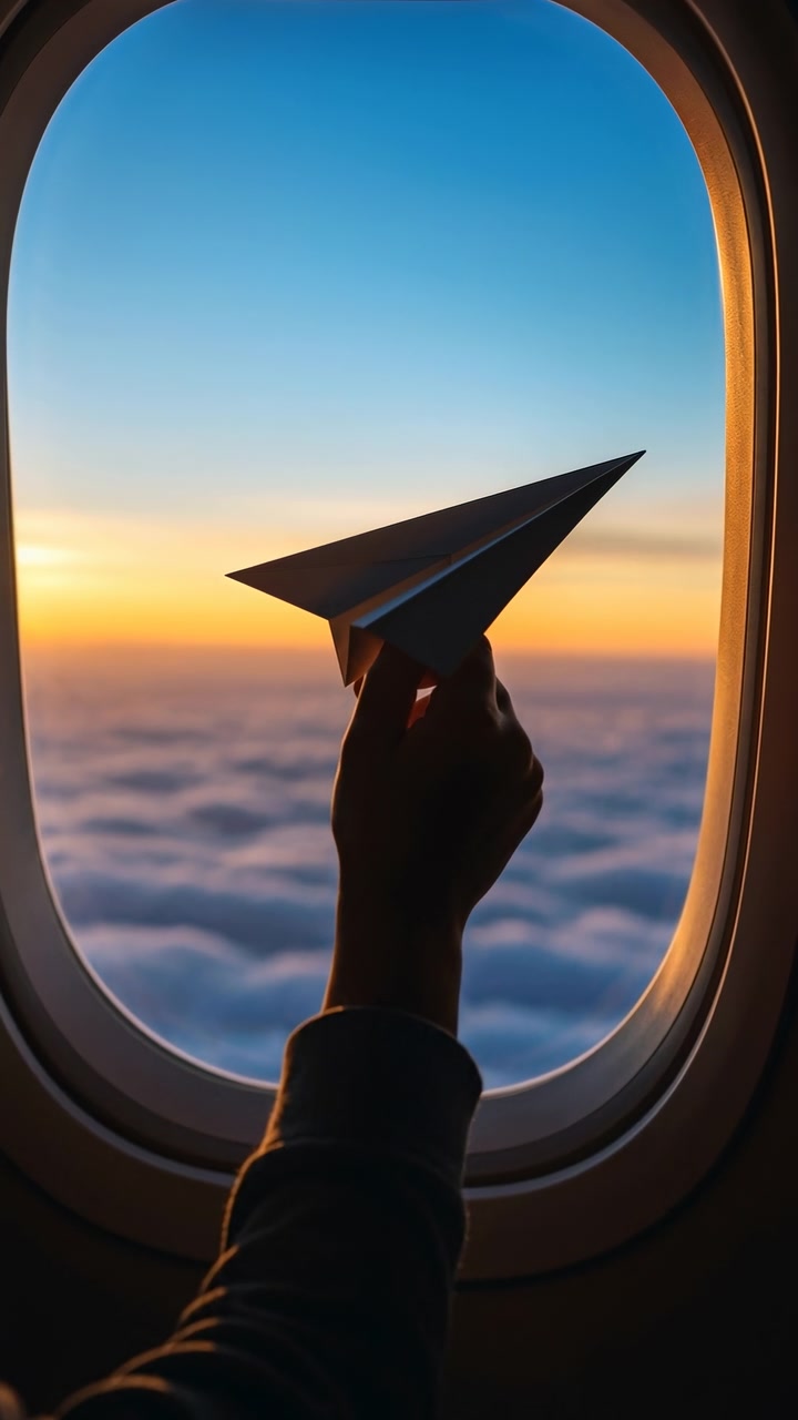 Silhouette di un passeggero vista da sopra la spalla che solleva un aeroplanino di carta verso un cielo luminoso attraverso un finestrino arrotondato dell'aereo, con il bagliore del tramonto, nuvole soffici, orizzonte colorato e un'atmosfera di viaggio contemplativa