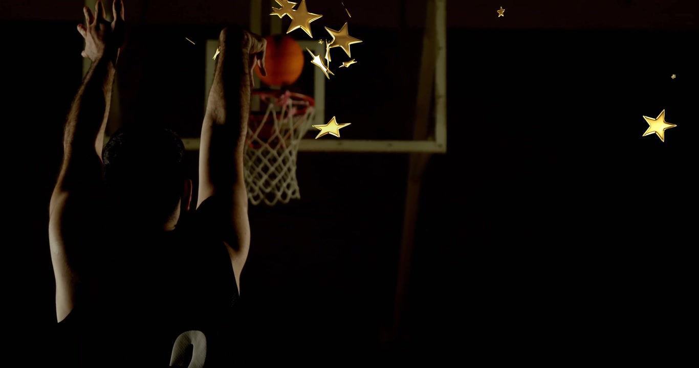 Male basketball player shooting basket in dim court, showing animated shot path and hoop analytics
