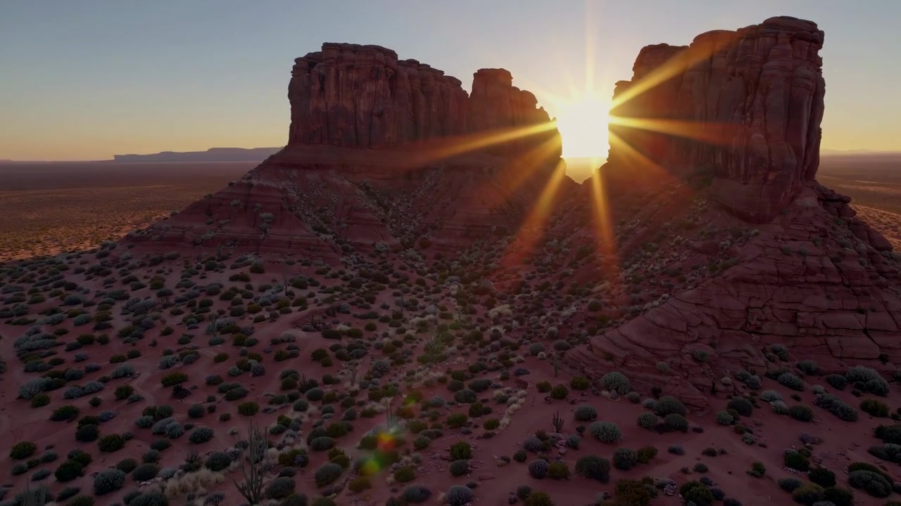 Flyfoto av Monument Valley ved solnedgang