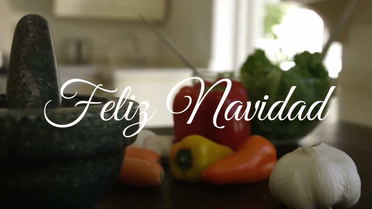 animación de felicidad navidad saludos de navidad texto sobre verduras en la cocina.