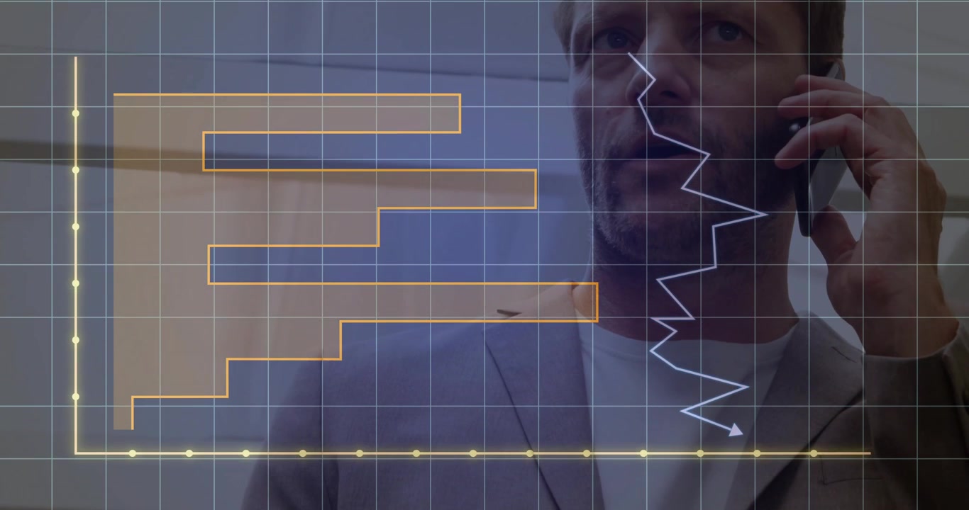 Businessman launching finance overlays by raising smartphone, bars extending, graph fluctuating