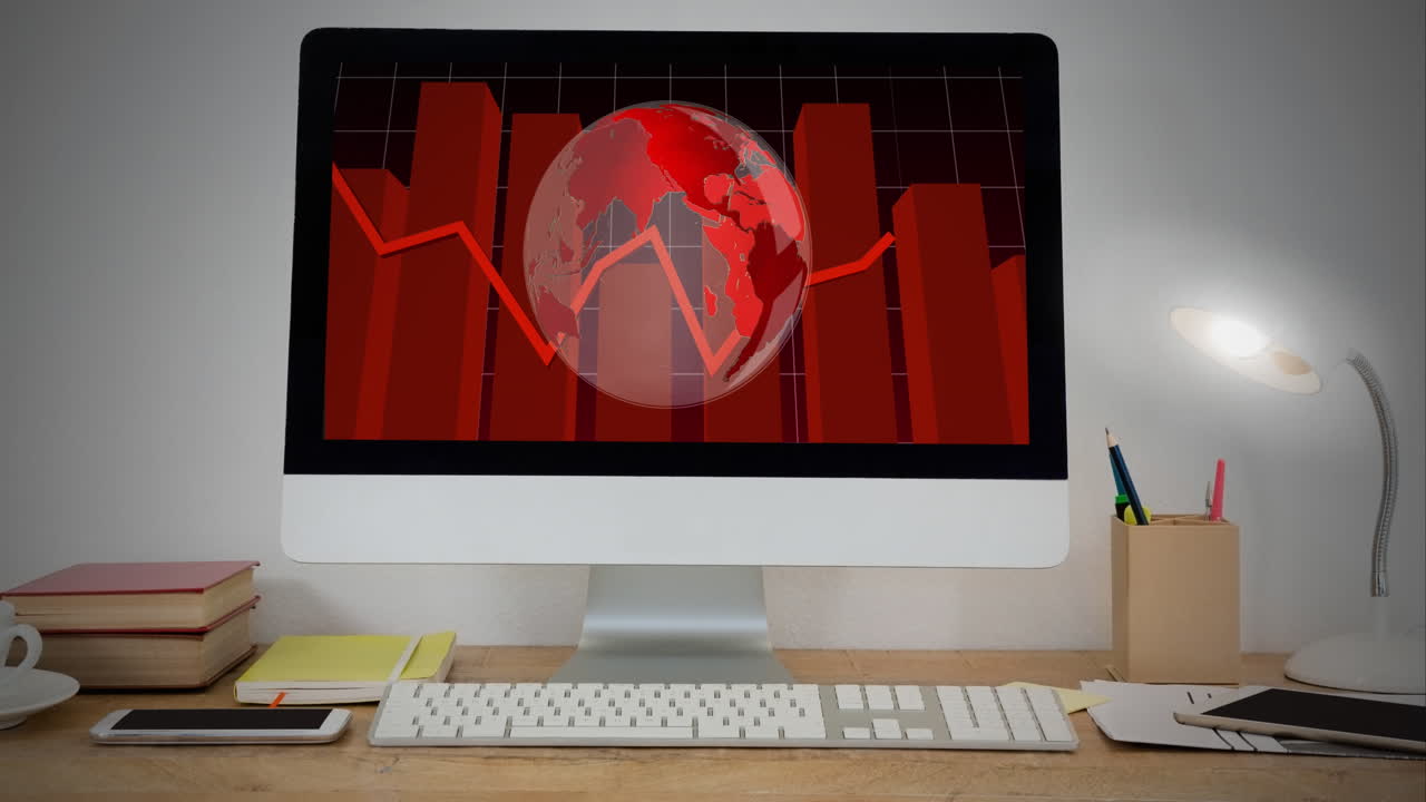 procesamiento de datos estadísticos y globo giratorio en una pantalla de computadora en una mesa de madera